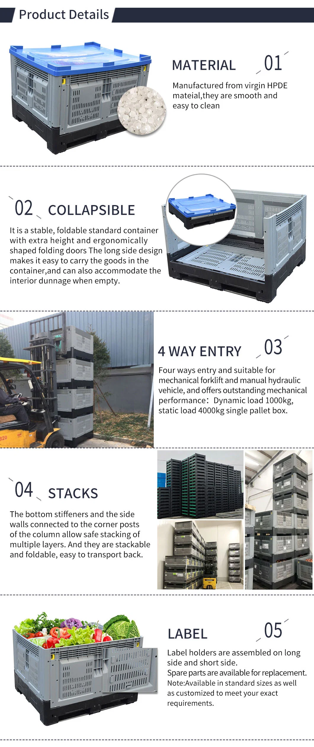 Factory Heavy Duty Large Vented/Mesh HDPE Stackable Warehouse Storage Agriculture Container Foldable/Folding/Collapsible Plastic Pallet Box for Fruit Vegetable